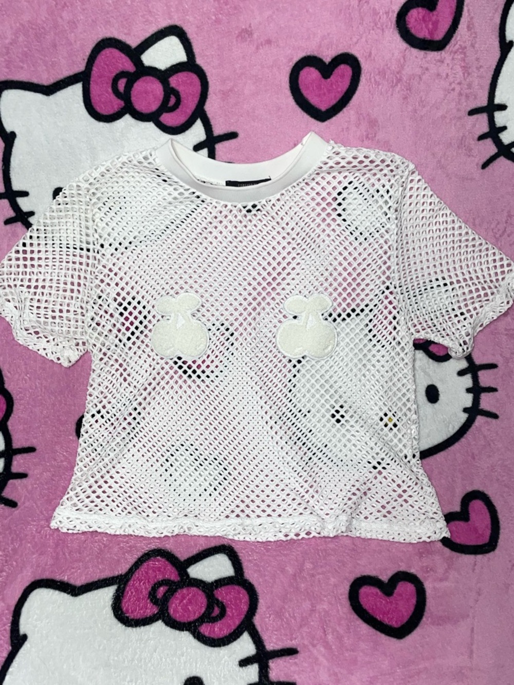White Mesh Cherry crop top